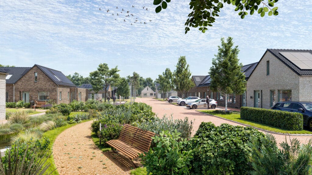 Gezicht op de wijk Zilverhof: meanderend voetpad, ontsluitingsweg, rijwoningen, tweekappers, geaccentueerde kopgevels. Groene hofjes met zit- en ontmoetingsplekken. Ingetogen metselwerk met horizontale verspringen, schaduwspel en dieptewerking. Lichte en donkere metselwerk tinten voor eigenheid.