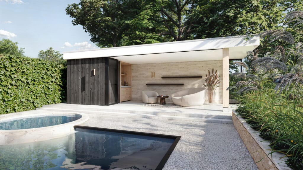 Poolhouse met harmonicadeur, gebrand houten latten, blinde buitendouche, pantry, zandsteen achterwand.