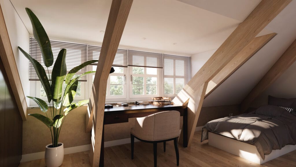 Kinderkamer interieur: bureau en bed in kap, opgeschuurde spanten, natuurlijke wandbekleding, dakkapel met roedeverdeling.