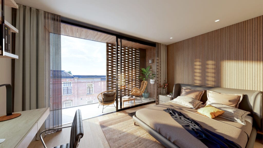 Interieur slaapkamer tweede verdieping: glazen hefschuifpui naar loggia. Open metselwerk voor schaduwspel en privacy. Verticale houten latten op achterwand en loggia plafonds.