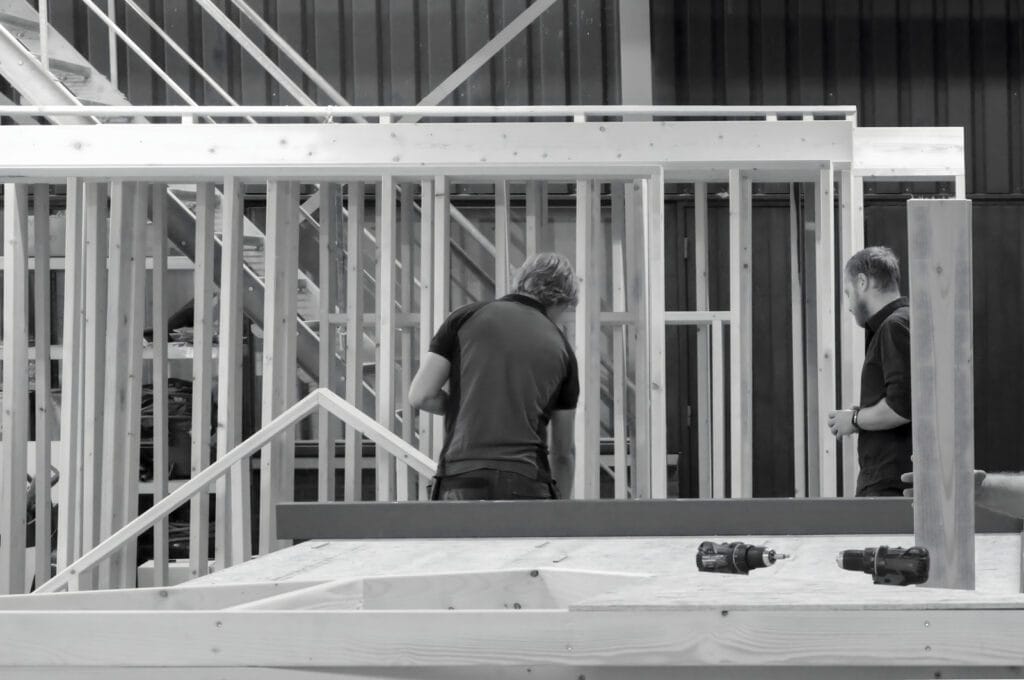 Werkplaats fabriek prefab houtskeletbouw elementen vervaardiging.
