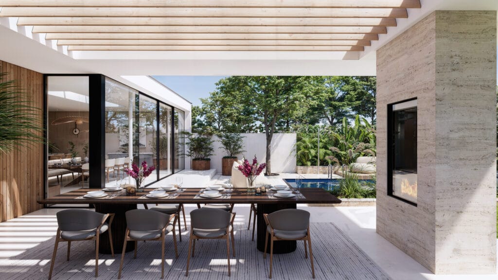 Overdekt terras met doorkijkhaard, zandsteen ombouw, houten lamellen plafond, minimalistische kozijnen, verticaal houten achterwand, verdiept zwembad met cortenstalen plantenbakken.