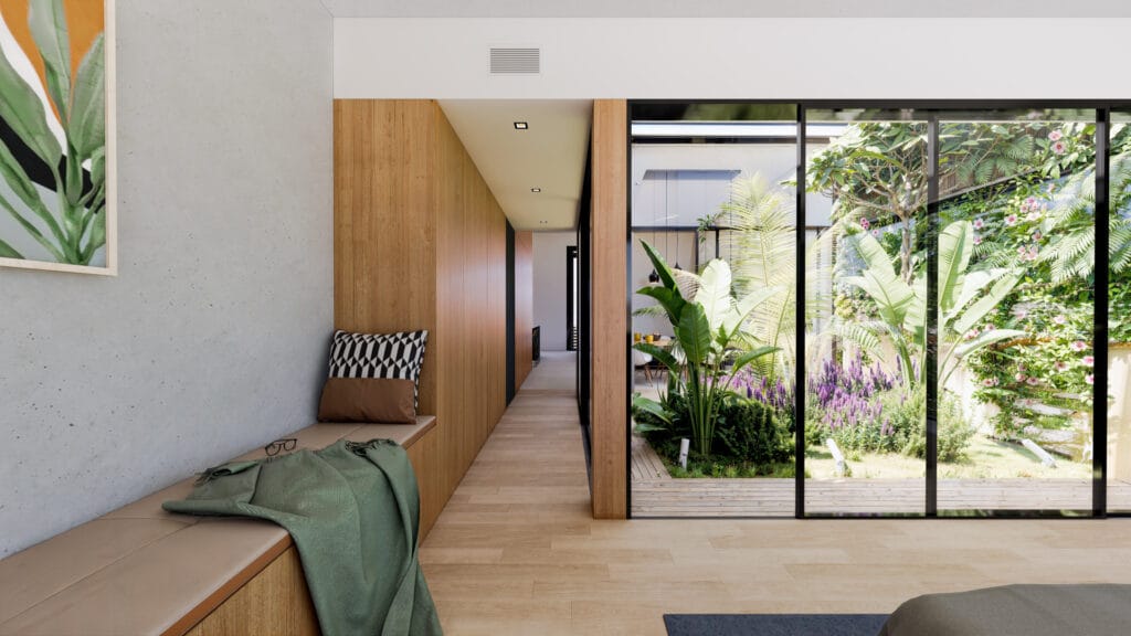 Groene patio in penthouse gezien vanuit slaapkamer, houten kastenwand over volle lengte met geïntegreerde zitbank.