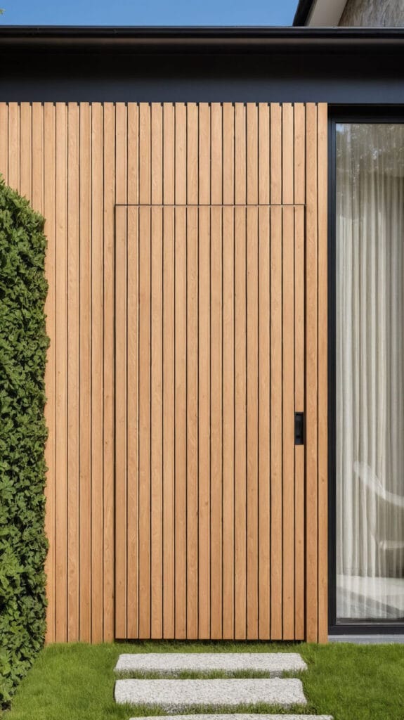 Blinde deur in houten lattenwerk met minimalistische details, bereikbaar via stapstenen in het gras. Slanke zwarte kozijnen en zwarte stalen balk als dakrand zorgen voor contrast.