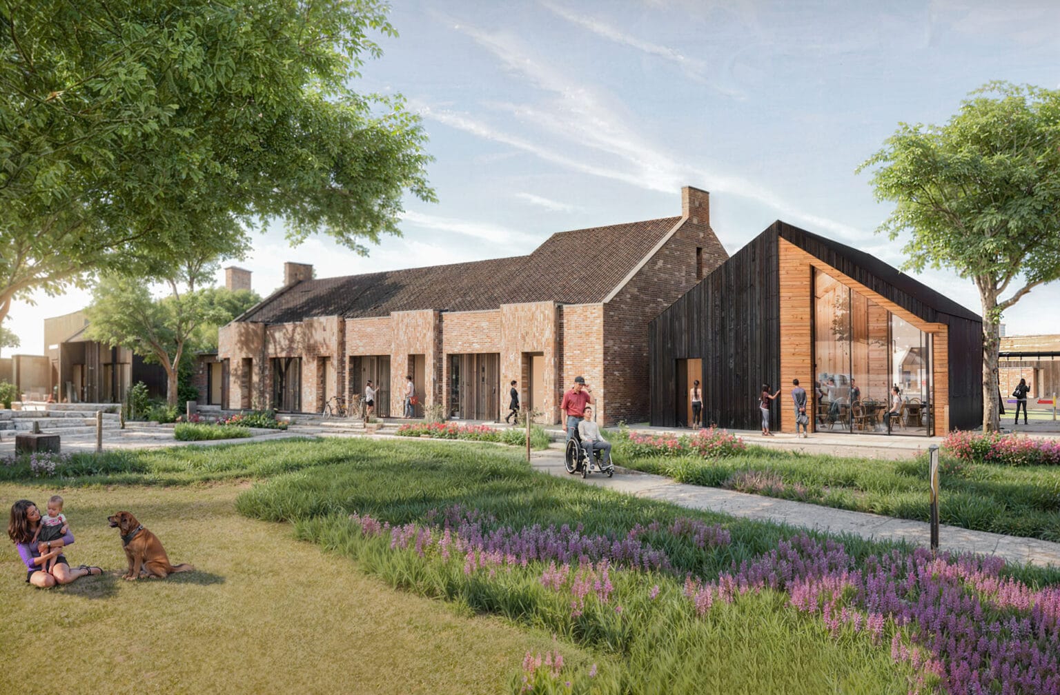 zorgwoningen-Horst- verduurzaamde-rijwoningen-met-duidelijke-metselwerk accenten voor de entrees van de voordeur. Kopgevels zijn uitgevoerd als tuitgevel. Parksetting met vrijstaand zwart houten gebouw voor Verduurzaamde rijwoningen in parksetting met tuitgevels en zwart houten dagbestedingsgebouw