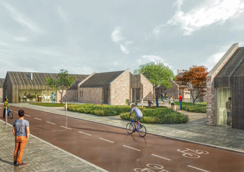 zorgwoningen horst-wonen in clusters zorgwoningen-autoarme wijk, groen, metselwerk, veel ontmoetingsplekken.